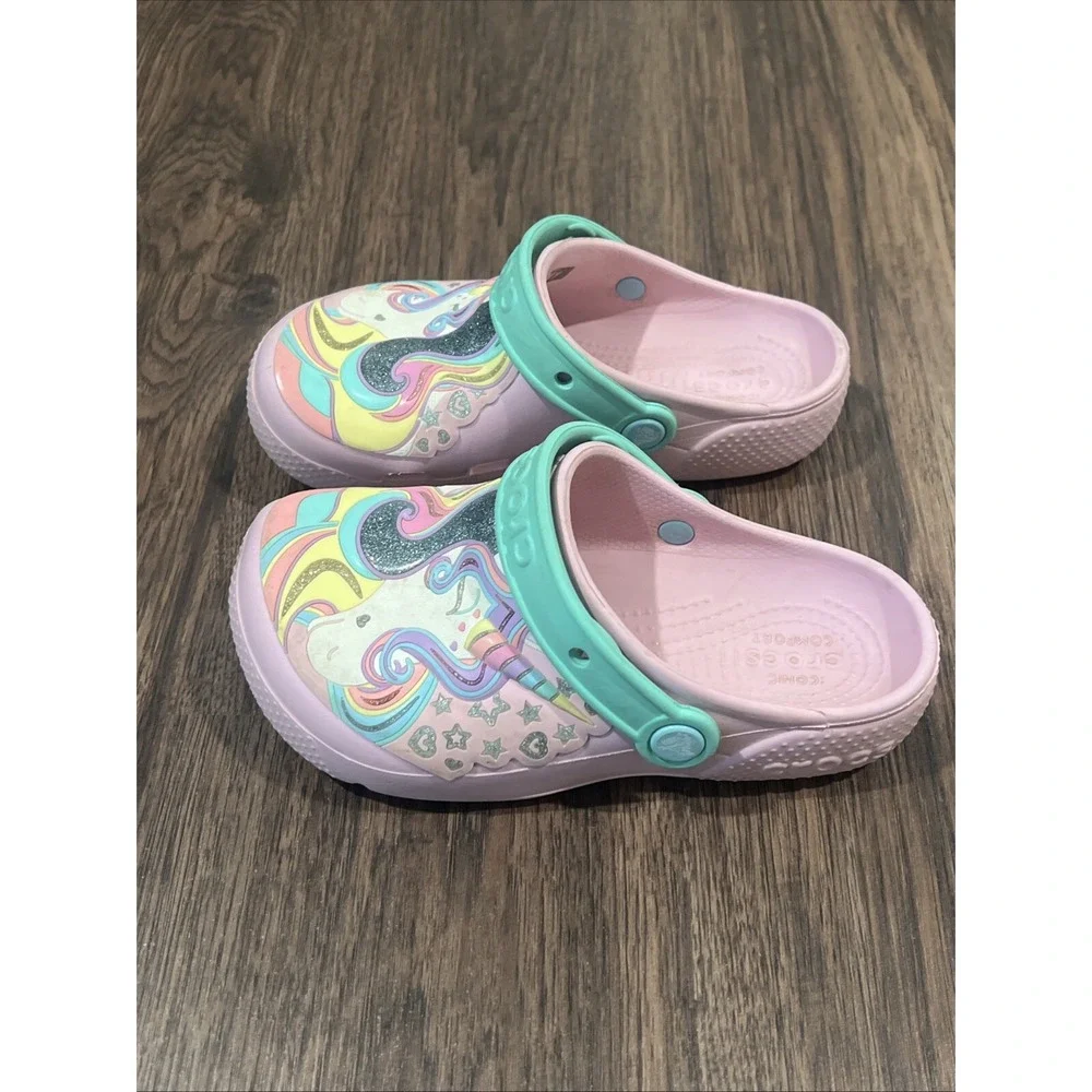Crocs Fun Lab Unicorn Girls Clogs Boat Shoes Pink Slip On Glitter Shoes Size J 2